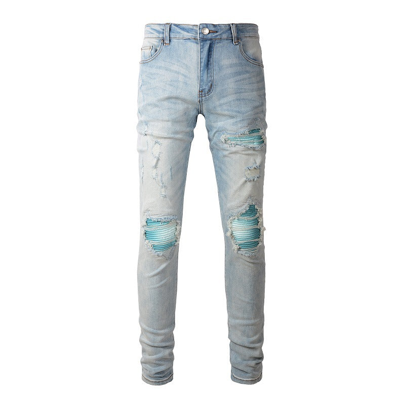 Men’s Slim Fit Stretch Ripped Skinny Jeans – Cotton Blend Low-Waist Light Blue Denim, Sizes 28–40