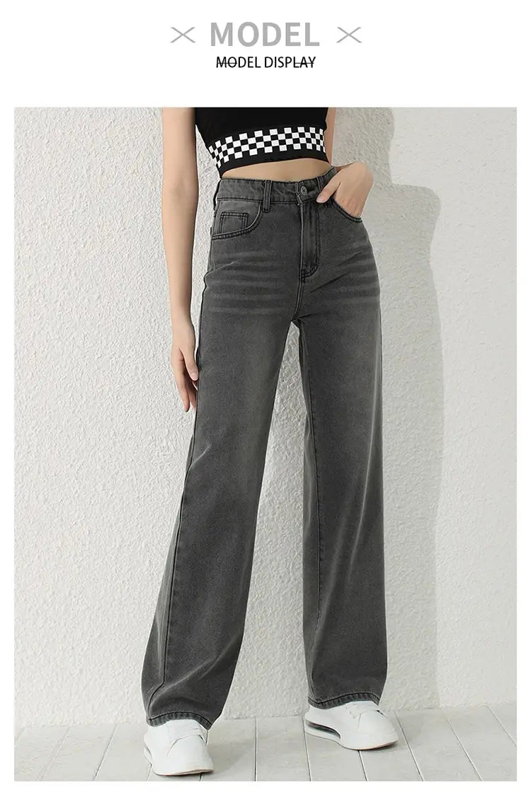 Women’s Dark Grey High-Waist Wide-Leg Jeans – Loose Straight Tencel Denim with Slash Pockets