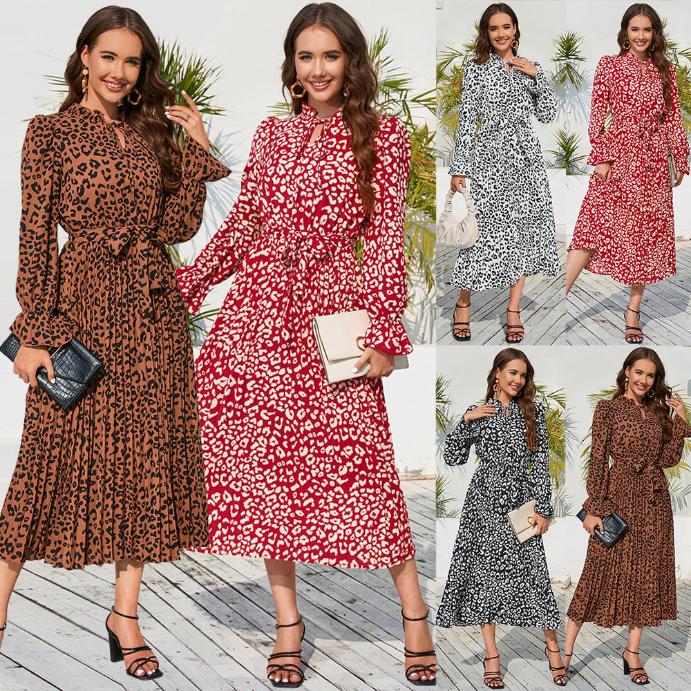 Women’s Leopard Print Pleated Dress – Stand Collar Slim-Fit Lace-Up Midi Dress
