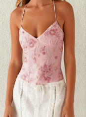 Women’s Mesh Plant Print Halter Tank Top – Low-Cut Sleeveless Summer Top