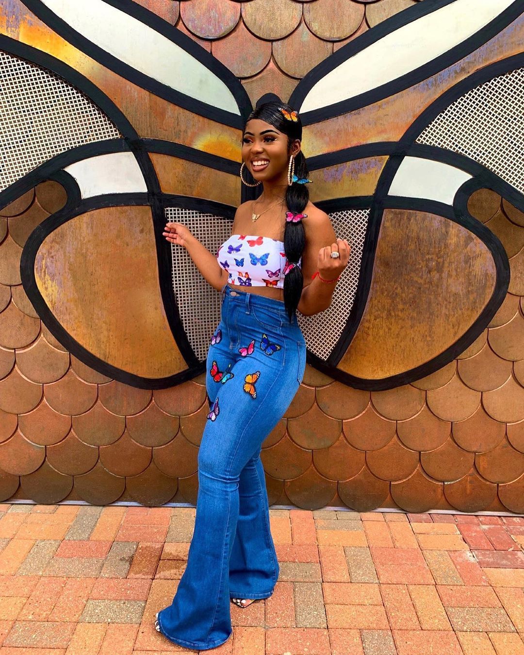 Women’s Embroidered Butterfly Rhinestone Flare Jeans – Blue Wide-Leg Statement Denim, S–3XL