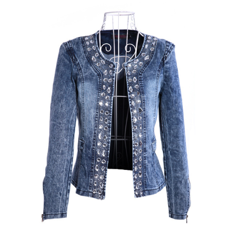 Women’s Diamond Embellished Denim Jacket – Gemstone Cotton Jeans Jacket, S–4XL