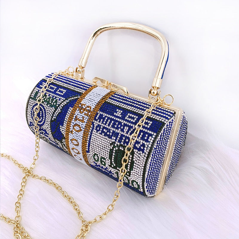 Luxury Crystal Dollar Design Evening Clutch Bag – Rhinestone Money Purse with Chain Strap for Weddings & Parties