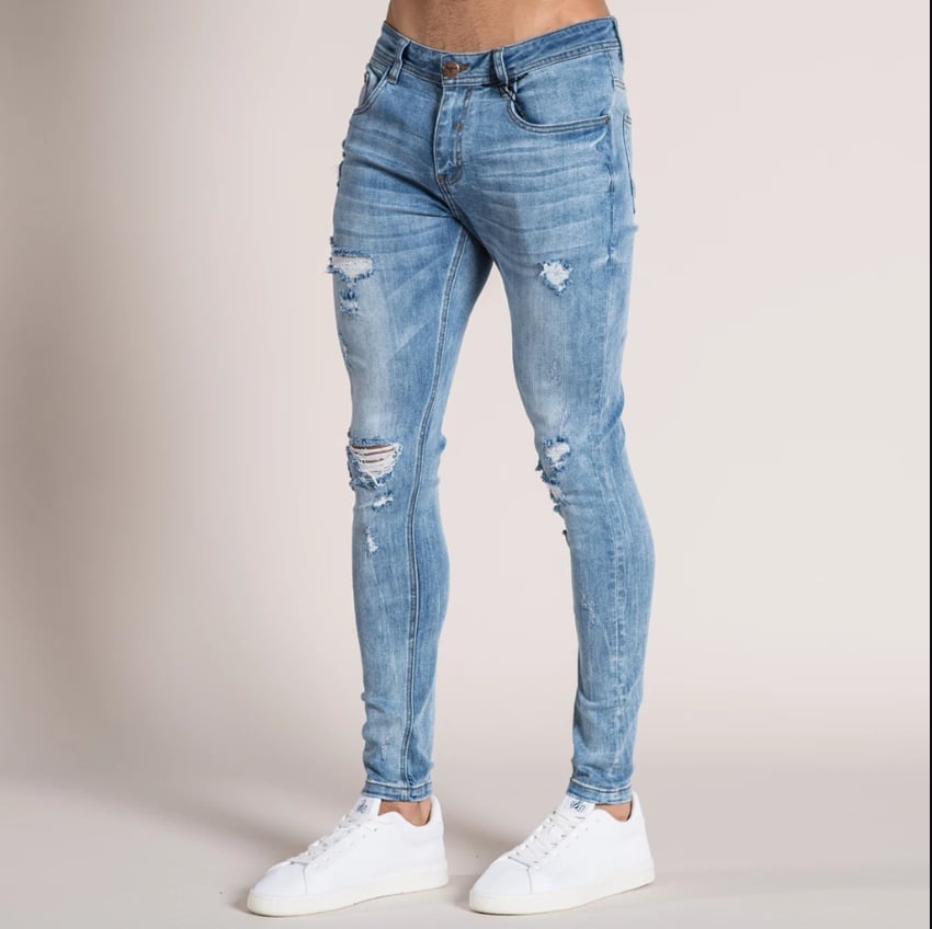 Men’s Ripped Jeans with Tapered Legs – Distressed Casual Denim Pants