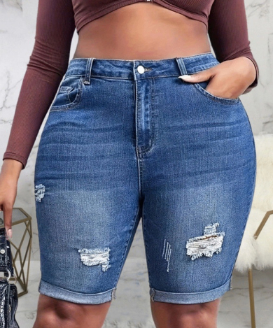 Women’s Casual Blue Ripped Jeans – High-Waist Straight-Leg Washed Denim, XL–5XL