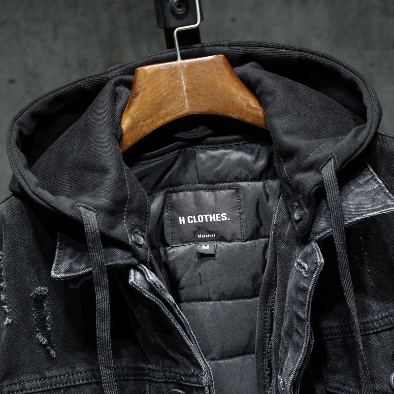 Men’s Thickened Denim Jacket with Hood for Winter