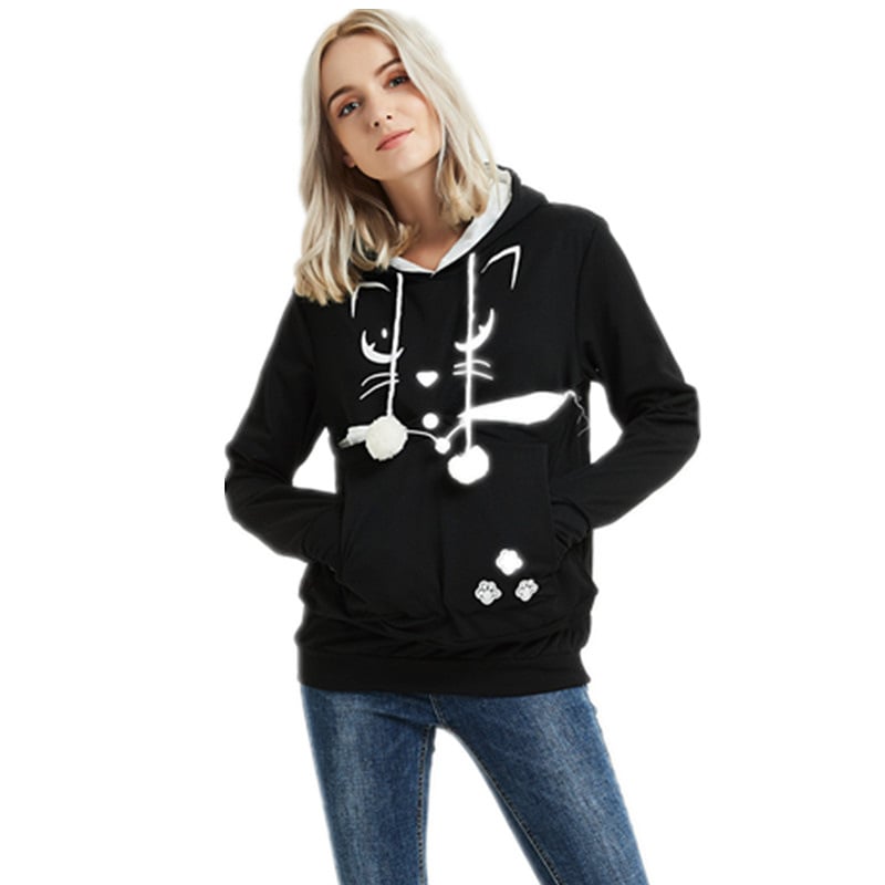 Women’s Alien Cat Printed Hooded Sweater – Cotton Blend Loose-Fit Graphic Pullover Hoodie, 12 Colors, S–4XL