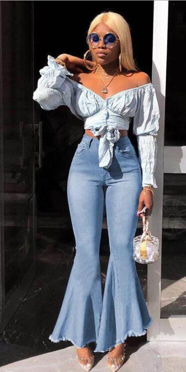 Women’s High-Stretch Denim Flared Jeans – Retro Flare Pants in Dark & Light Blue, S–3XL