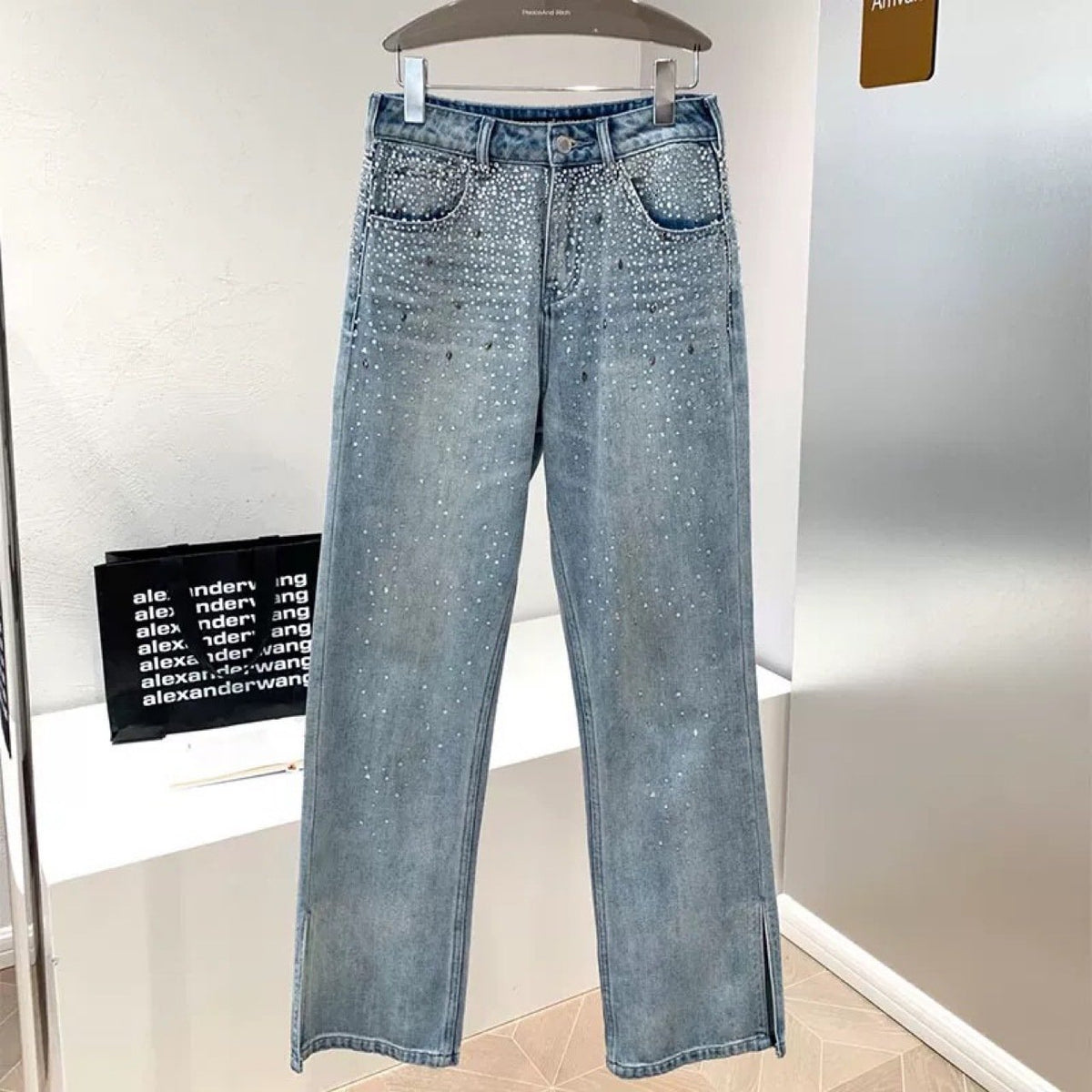 Women’s High-Waist Rhinestone Split Flared Jeans – Glam Slight-Flare Statement Pants, S–L
