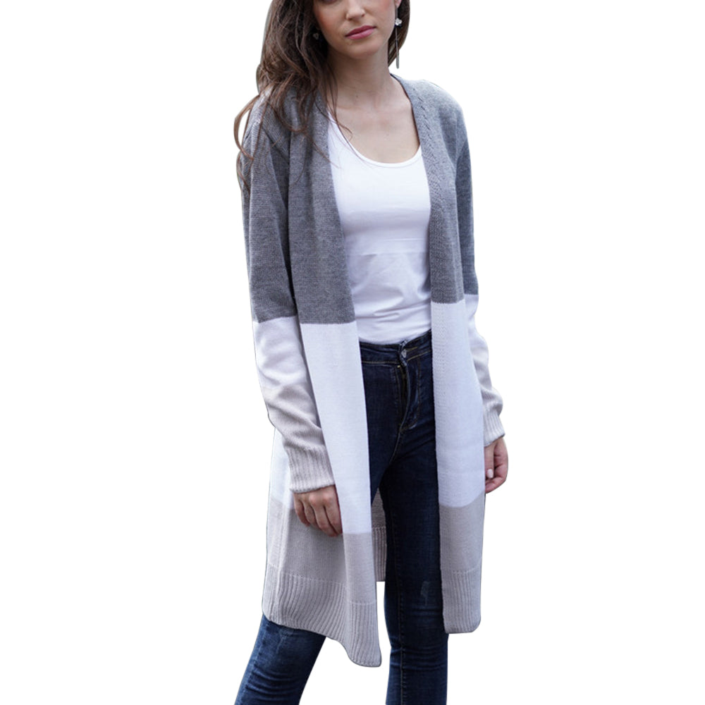 Women’s Striped Knit Long Cardigan Sweater – Cotton Half-Open Collar Casual Cardigan, 5 Colors, S–XL