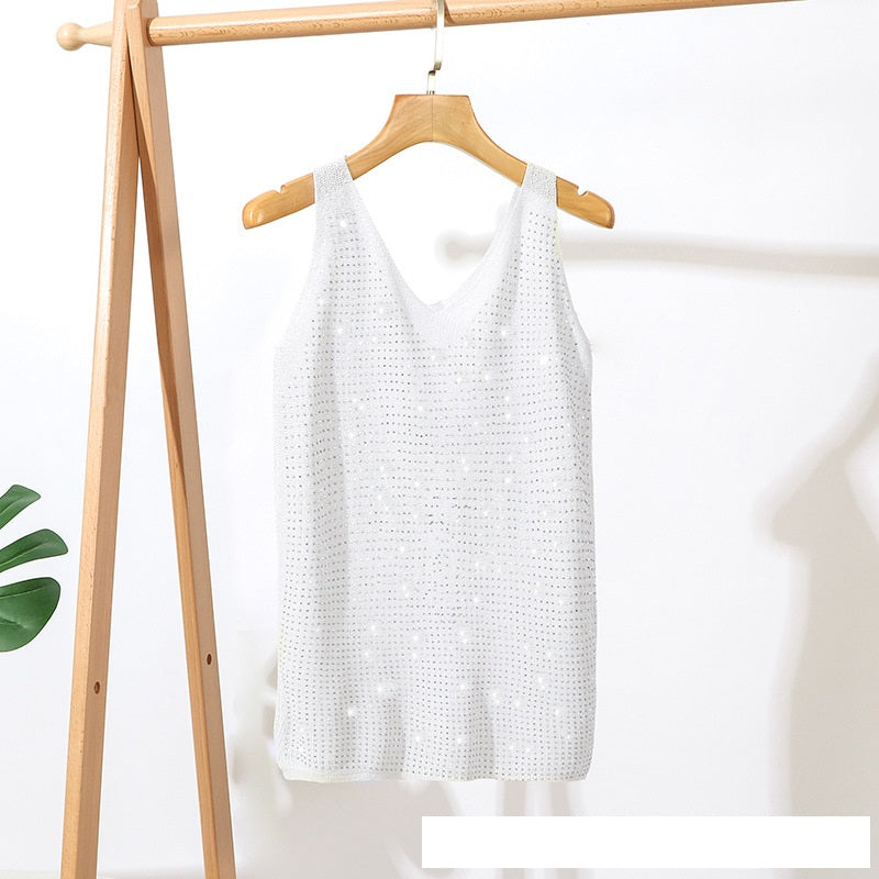 Inlaid Hot Diamond V-neck Knitted T-shirt for Women