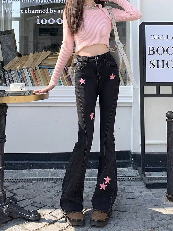 Women’s Hollow-Out High-Waist Star Jeans – 100% Cotton Brown Straight-Leg Denim, S–4XL