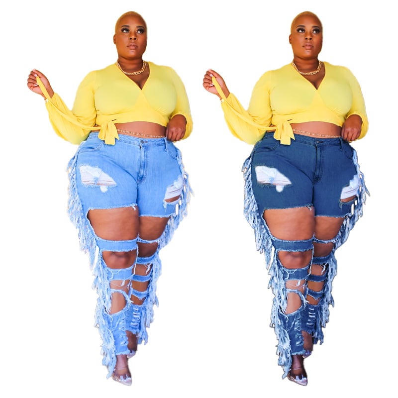 Women’s Plus Size Distressed Tassel Skinny Jeans – Cotton Denim in Light & Dark Blue, XL–5XL