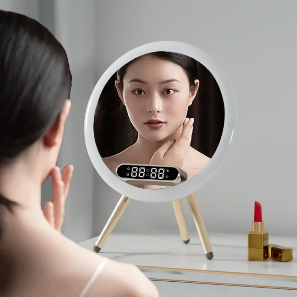 LED Mirror Alarm Clock with Wireless Charger & Bluetooth Speaker