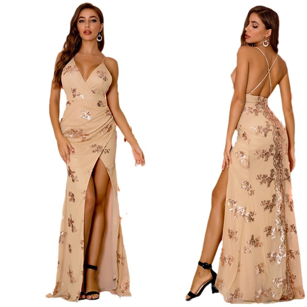Sequined Sleeveless Backless Maxi Dress – Women’s Elegant A-Line Evening Gown