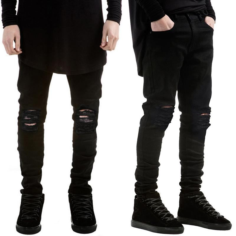 Unisex Ripped Skinny Stretch Jeans – Vintage Washed Black Pencil Denim Pants, Sizes 28–40