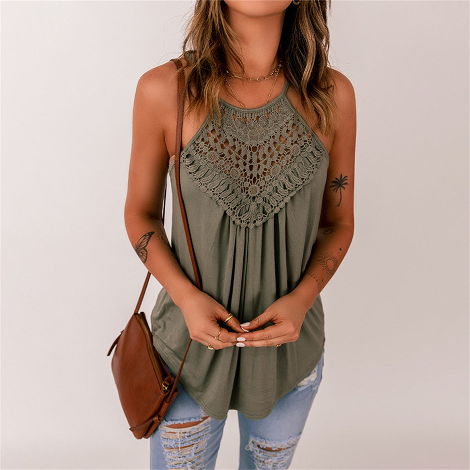 Women’s Lace Tank Top – Solid Color Sleeveless Casual Summer Top