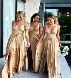 WOLFF Elegant Bridesmaid Dress for Women – Deep V Backless Sleeveless Formal Gown