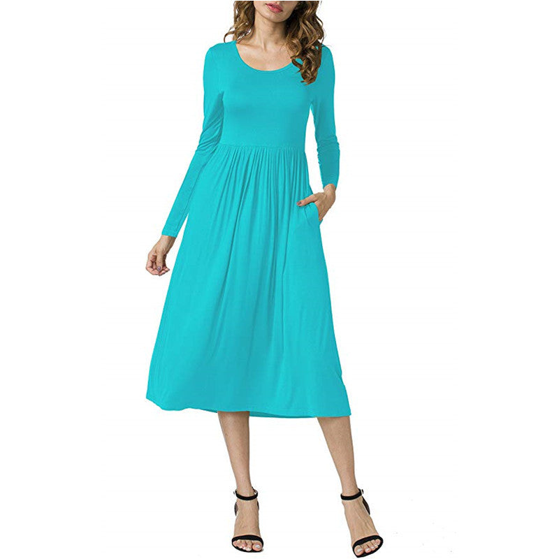 Women’s Long Sleeve A-Line Dress – Elegant Round Neck Solid Color Dress