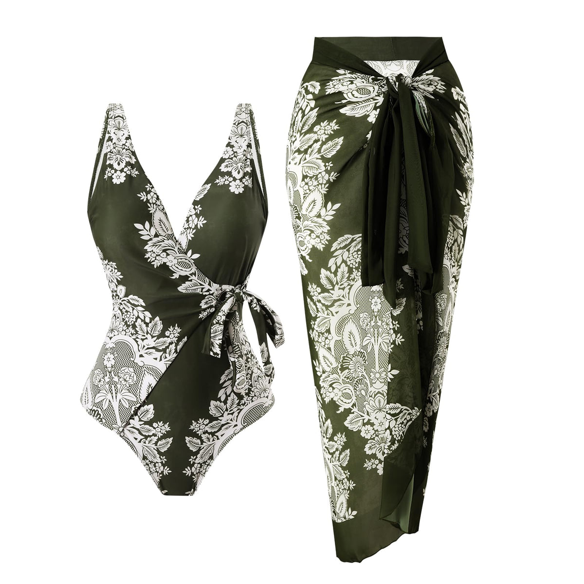Two Piece Swimsuit with Cover Up – Retro Floral Print Bikini Set for Women
