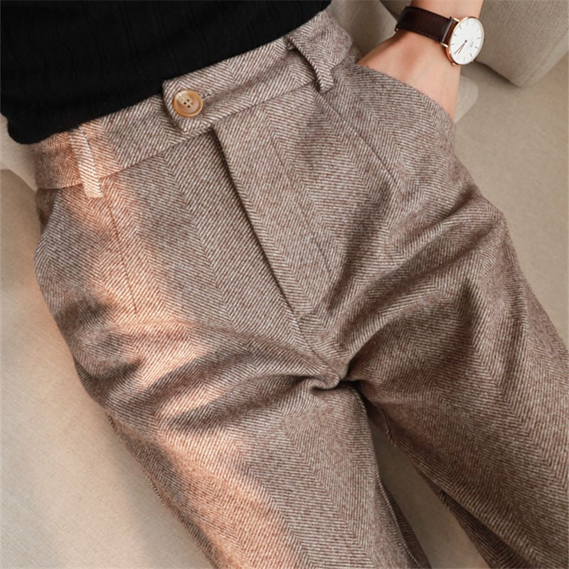 Women's Casual Woolen Trousers – Herringbone Straight-Leg Pants