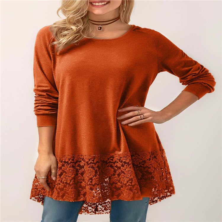 Women’s Hooded Long Sleeve Lace T-Shirt – Casual Lace Stitching Top