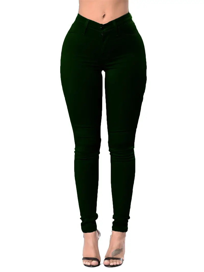 Women’s High-Rise Skinny Fit Stacked Jeans – Solid Color Pencil Denim, S–XXL