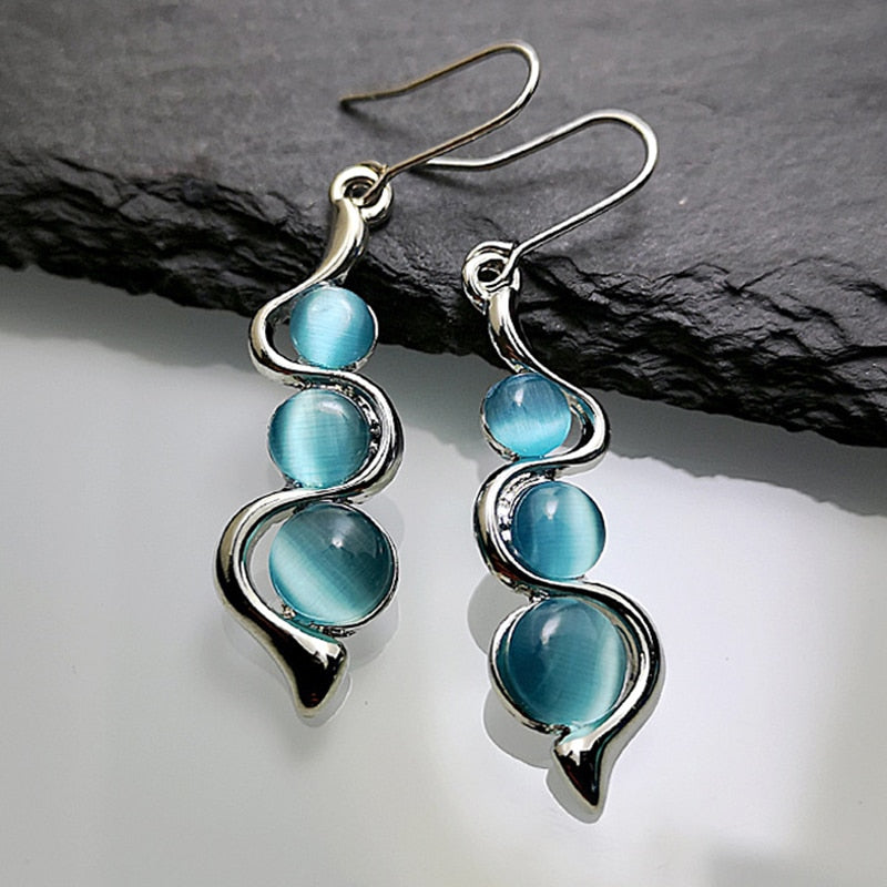 Bohemian Blue Wave Earrings with Sea Blue Cat’s Eye Gemstones