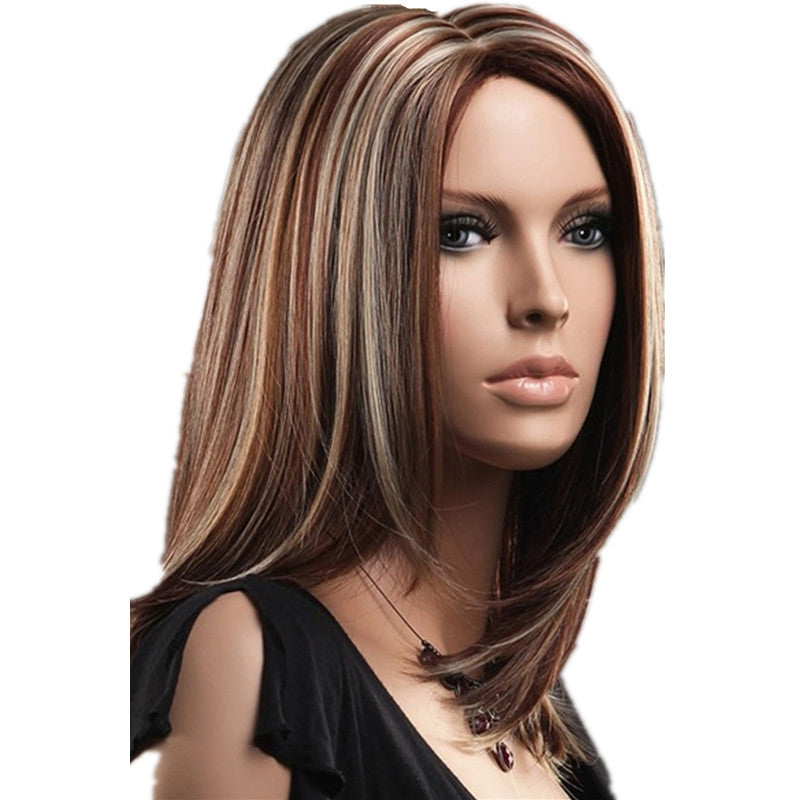 Linen Brown Highlight Wig for Women – Medium to Long Synthetic Hair with Long Bangs