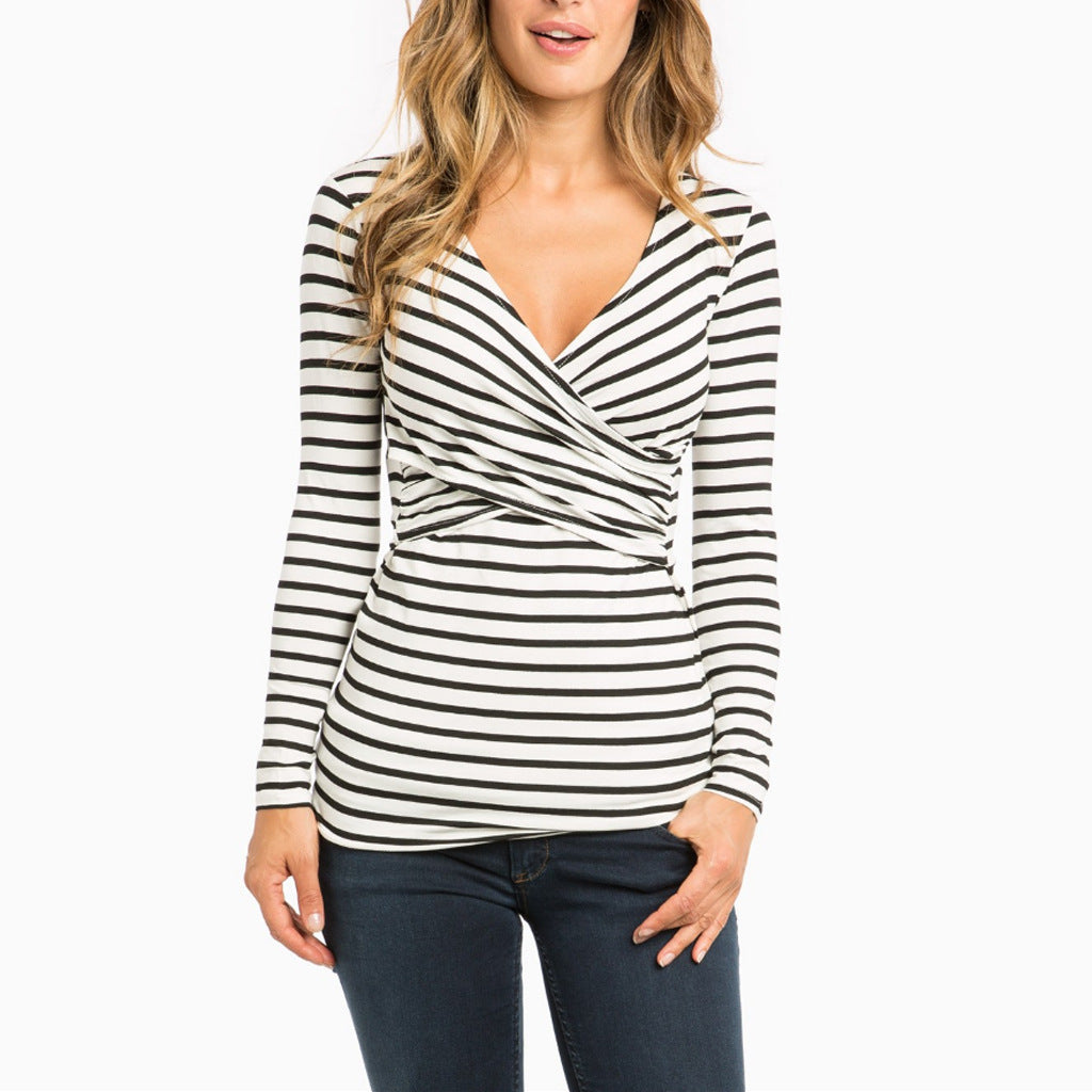 Women's Striped V-Neck Nursing T-Shirt – Long Sleeve Breastfeeding Top