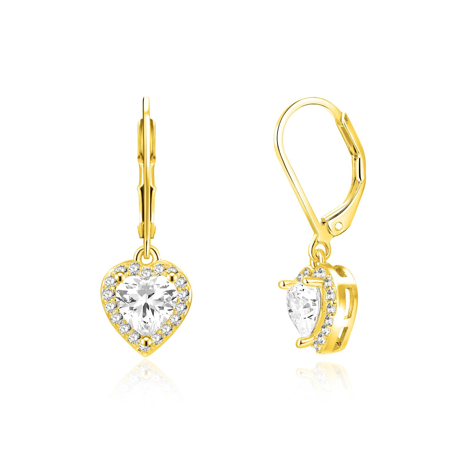 18K Gold Plated Heart Cut Dangle Earrings – Cubic Zirconia Halo Drop