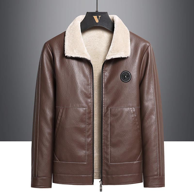 Men’s Fleece Leather Jacket with Contrast Color Design – Casual Winter Jacket