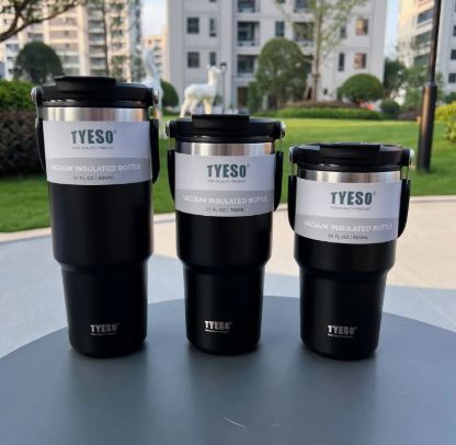 TYESO Stainless Steel Drinking Cup – 304 Steel Insulated Tumbler with Straw & Handle