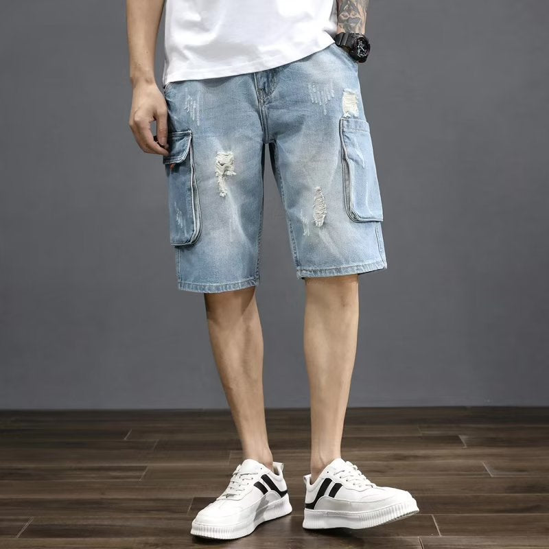 Men’s Summer Loose-Fit Cargo Denim Shorts – Casual Multi-Pocket Beach Shorts