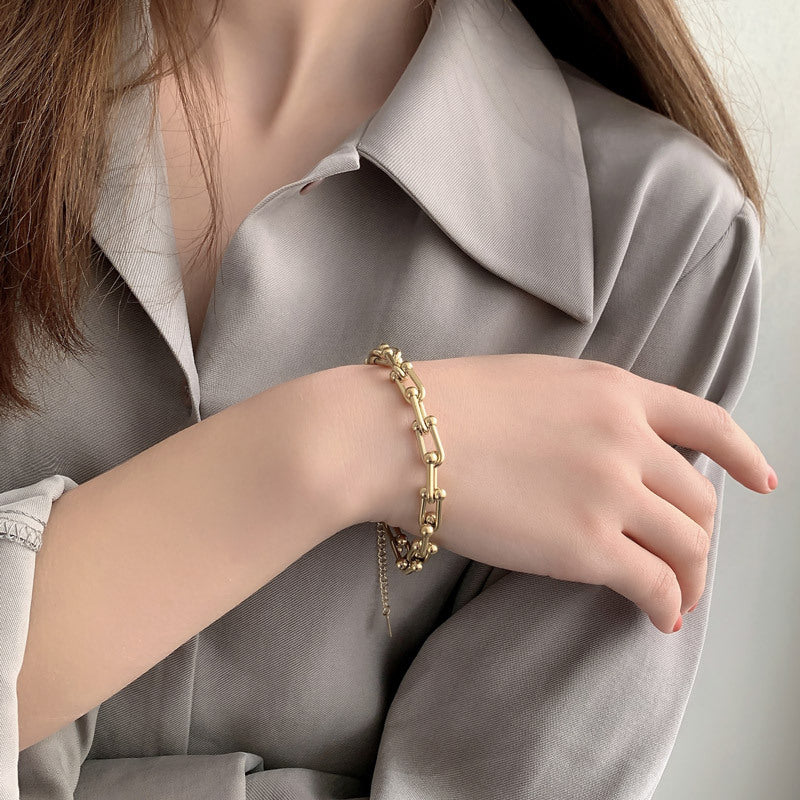 Women’s Titanium Steel Lock Bracelet – Gold & Steel Adjustable Chain Jewelry
