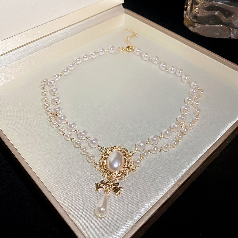 Korean Vintage Pearl Tassel Floral Bow Choker Necklace