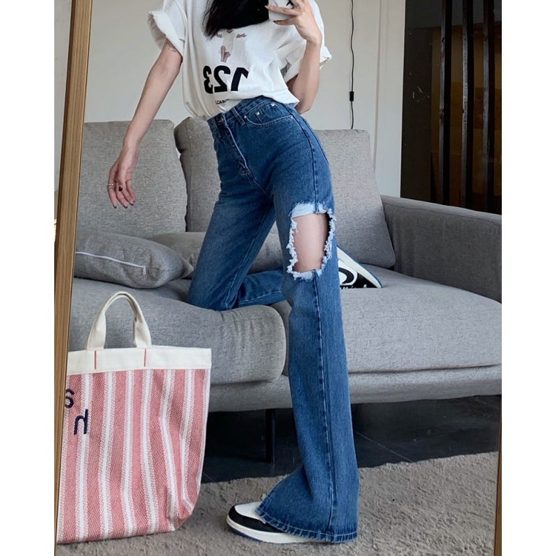 Women’s High-Waist Slim Ripped Jeans – Washed Straight-Leg Denim in Black, Dark & Light Blue, S–L