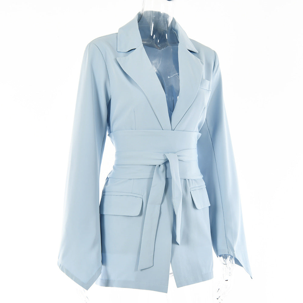 Women’s OL Fashion Work Coat – Lace-Up Professional Polyester Office Jacket, S–L