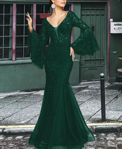 Women's Elegant Mermaid Evening Gown – V-Neck Embroidered Formal Dress