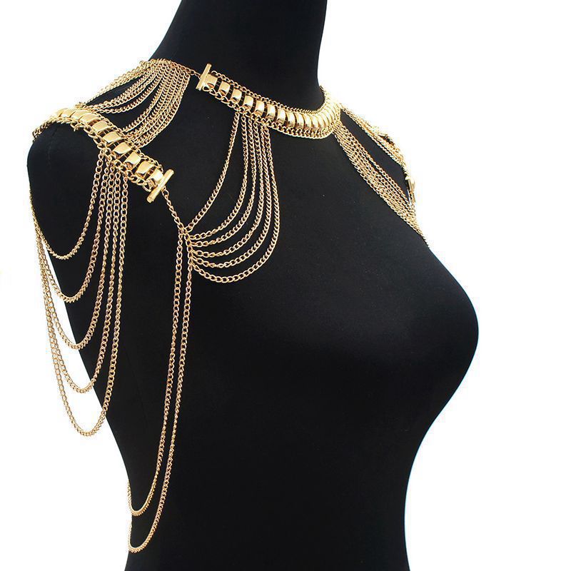 Women’s Exaggerated Metal Fringe Body Chain – Multi-Layer Tassel Shoulder Necklace, Gold & Silver
