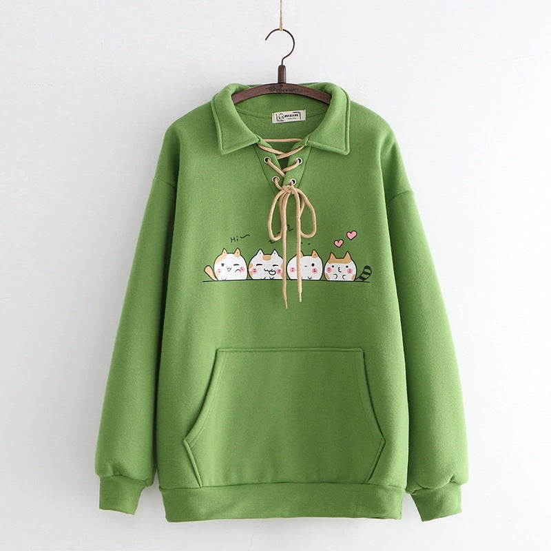 Women’s Plush Hooded Sweater – Japanese Student Style Loose-Fit Long Sleeve Pullover, 3 Colors, One Size