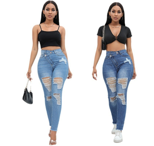 Women’s High-Waist Stretchy Ripped Skinny Jeans – Light Blue Raw Hem Pencil Denim, S–XXL