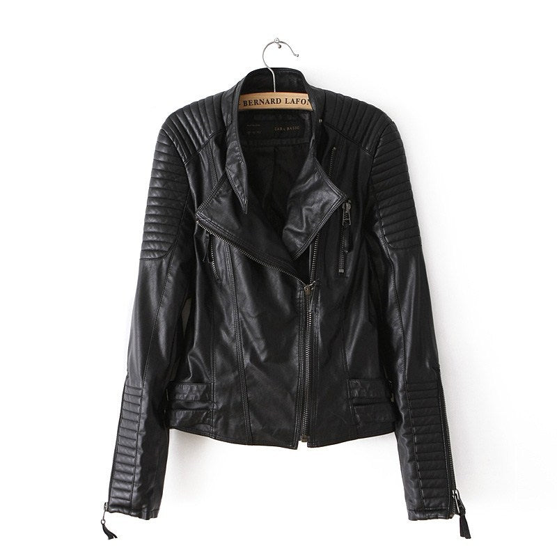Women’s Slim-Fit PU Leather Motorcycle Jacket – Stand-Up Collar Black Moto Jacket, S–XL