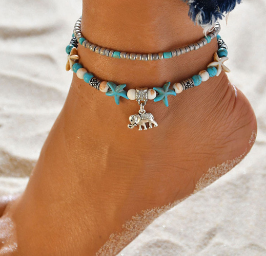 Turquoise Beach Anklet with Sea Turtle and Starfish Pendant