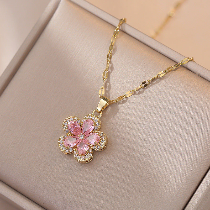 Pink Zircon Flower Necklace – Elegant Floral Pendant Jewelry for Women