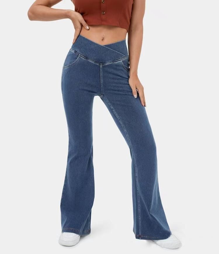 Women’s High-Imitation Denim Bell-Bottom Pants – Mid-Waist Stretch Flared Jeans, XS–4XL