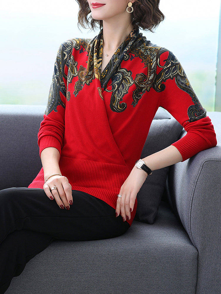 Women’s Chinese Style Autumn Print Pullover Sweater – Half Turtleneck Long Sleeve Knit Top, 7 Colors, XL–3XL