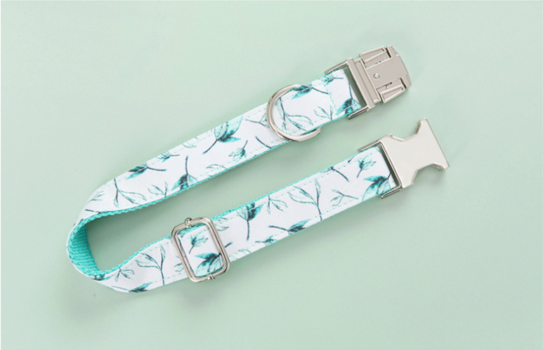 Tropical Leaf Dog & Cat Collar Set – Bowtie Collar & Matching Leash with Metal Buckle