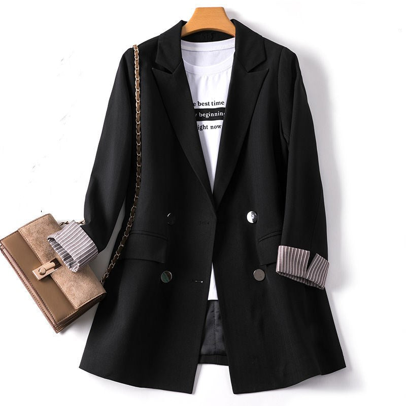 Women’s Korean Style Loose Black Blazer – Double-Breasted Spring & Fall Casual Jacket, S–3XL