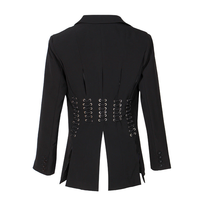 Women’s Black Slim-Fit Blazer – Open-Front Tie Long-Sleeve Office Jacket, S–Mves